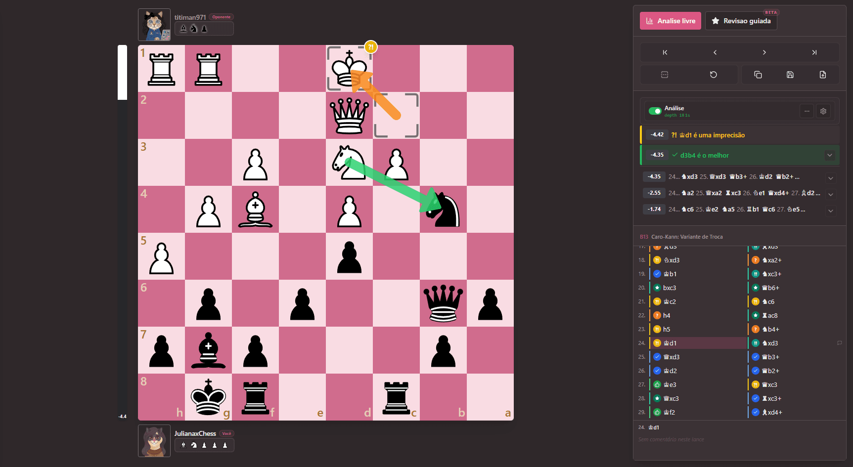 Tema rosa do Catchess com análise de xadrez online, setas e tabuleiro estilizado