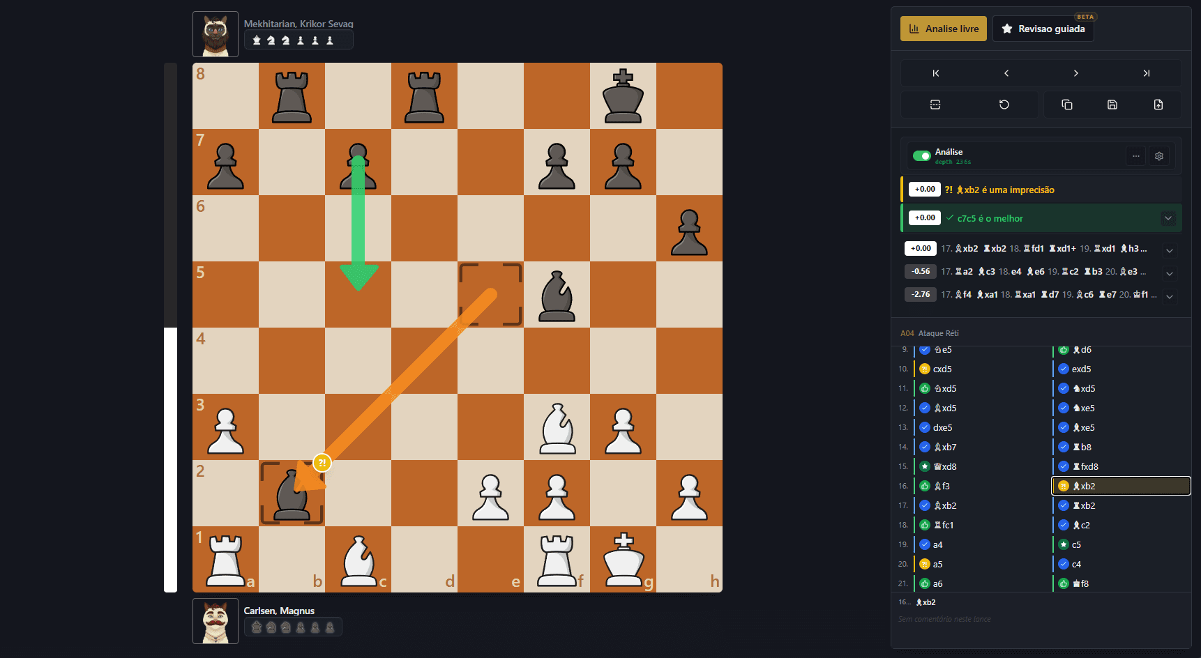 Interface de análise de xadrez online do Catchess com tabuleiro, engine e painel de revisão